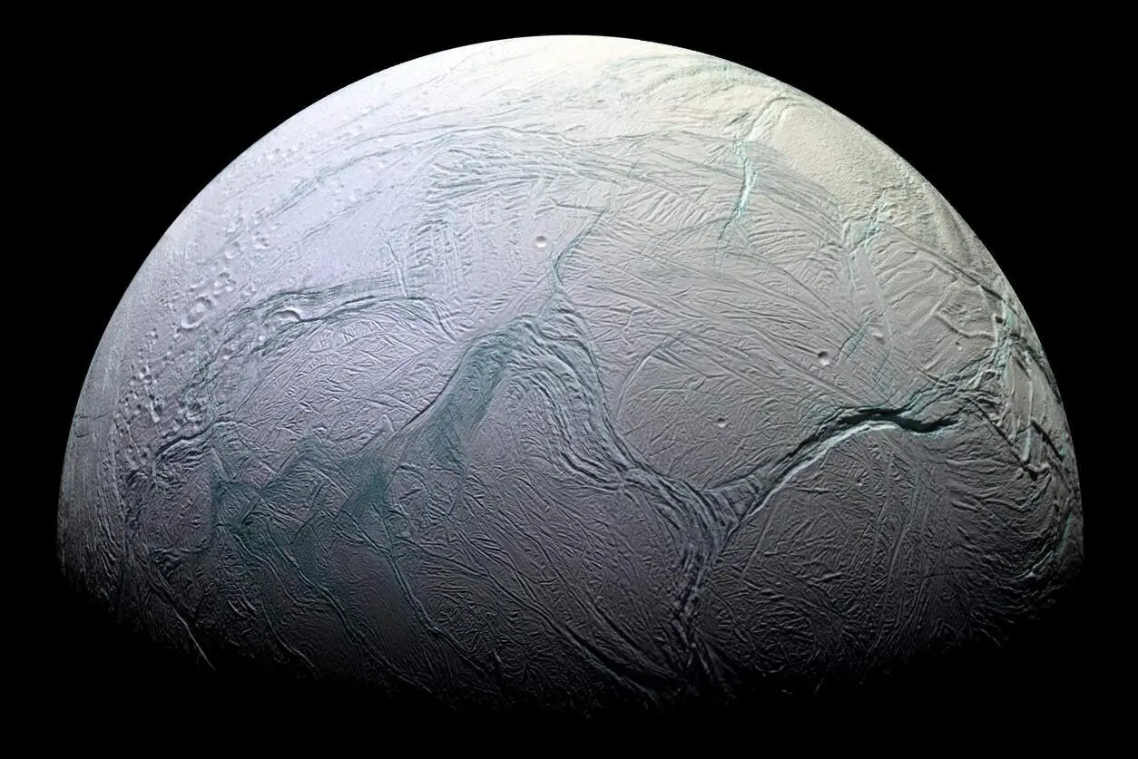 Enceladus, the sixth-largest moon of Saturn.