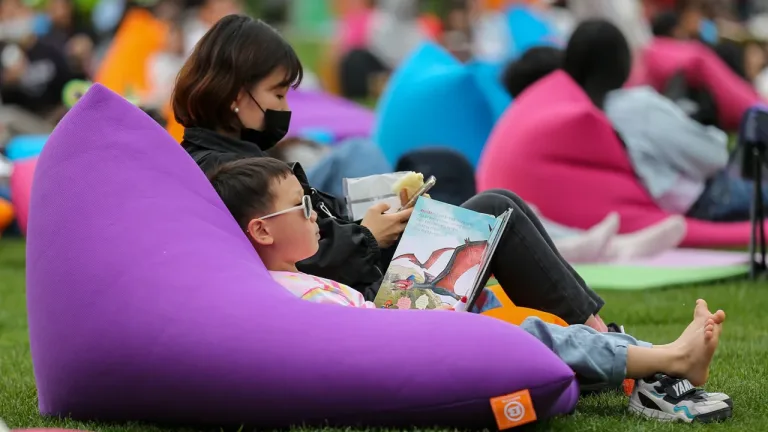 A child reads a book in a park
