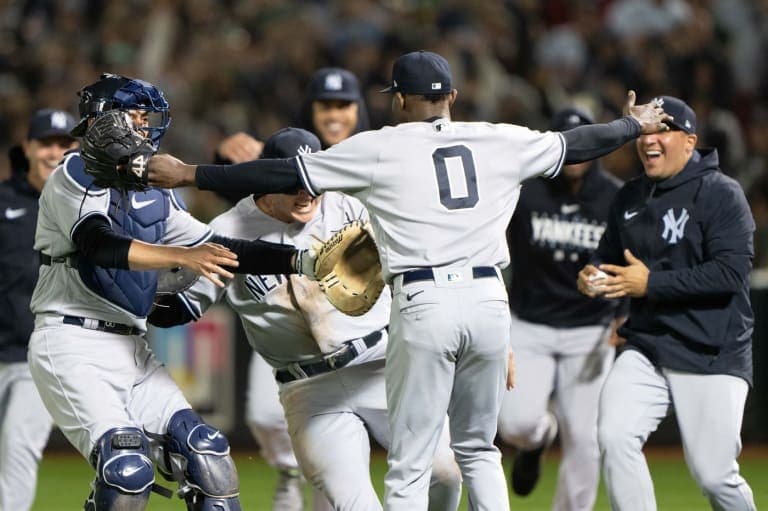Yankees pitcher Domingo Germán celebrating